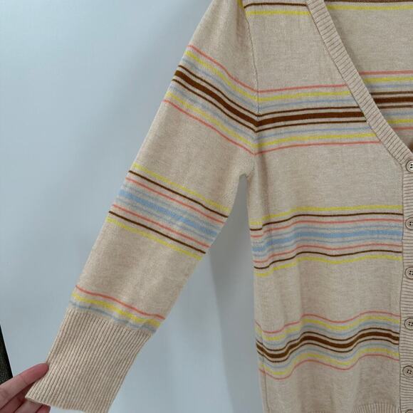 ModCloth Tan Striped V-Neck 3/4 Sleeve Button Front Cardigan Women's Size Large - Picture 5 of 12